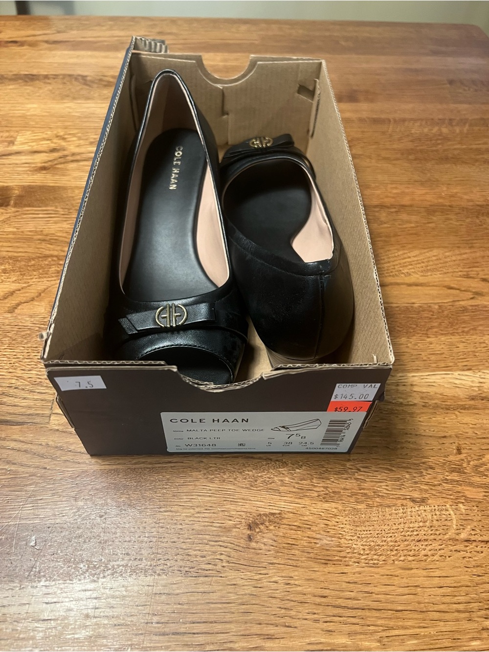 Cole Haan Black Peep-Toe Heels with Gold Logo Accent - Picture 6 of 6